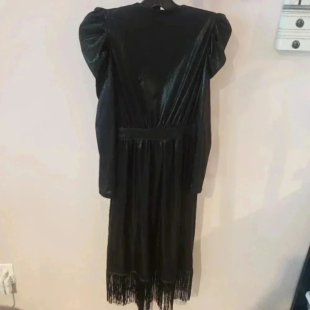 Lulus Dream Big Metallic Black Puff Sleeve Fringe Wrap Dress